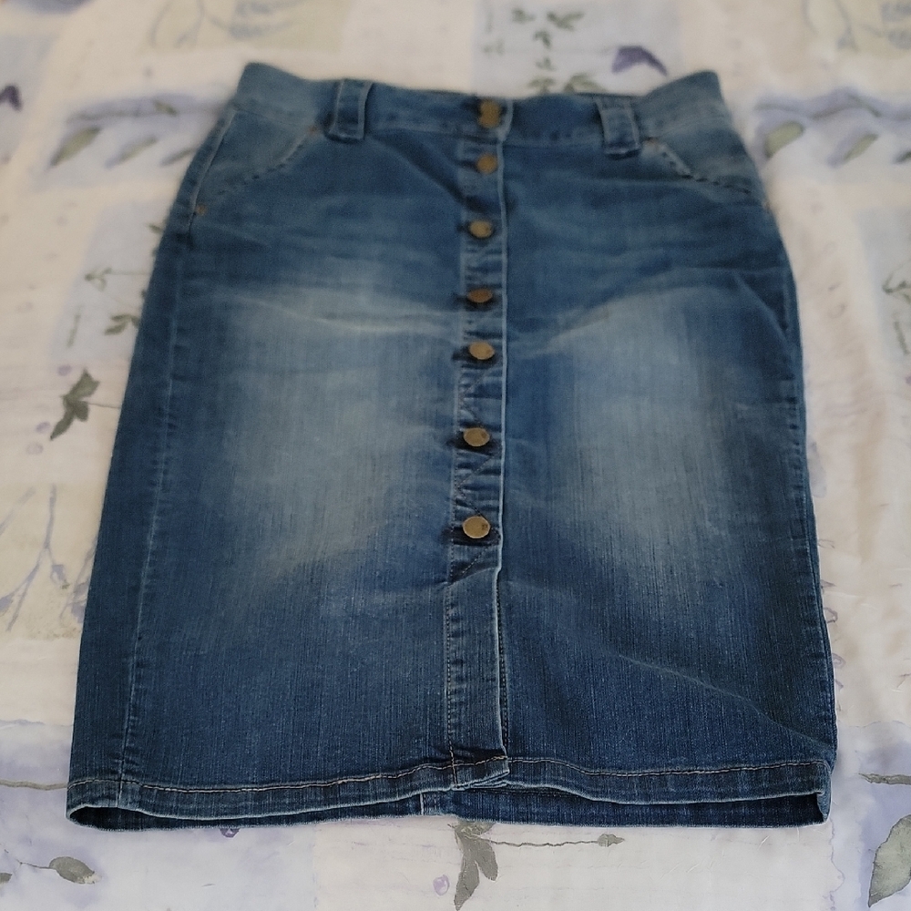 Long Denim Button-Front Skirt